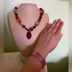 Elegant Ann Taylor Red Beaded Necklace and Bracelet Set